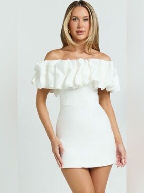 Ruffle Off shoulder fitted Mini Dress in white 50%cotton 47% Nylon 3% Spandex